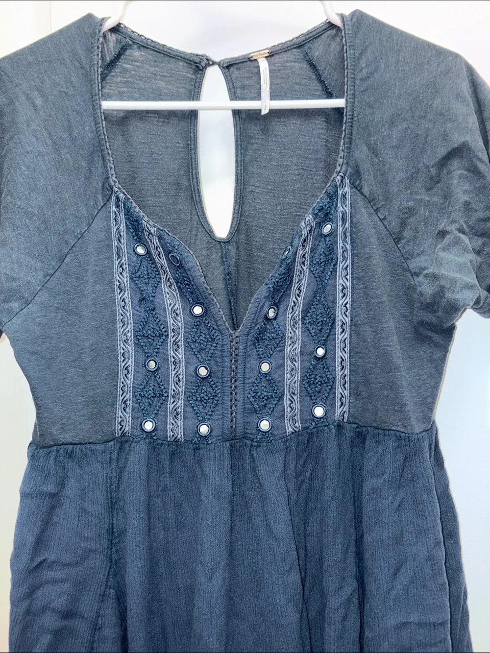 Free People Blue Embroidered Mirror Detail Mini Dress Tunic Small Pockets Boho